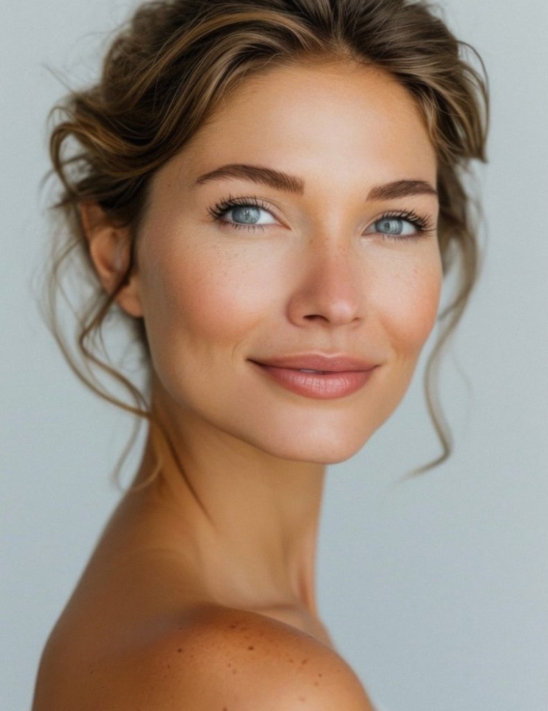 Woman with wavy updo and clear skin smiling softly while looking over her shoulder.