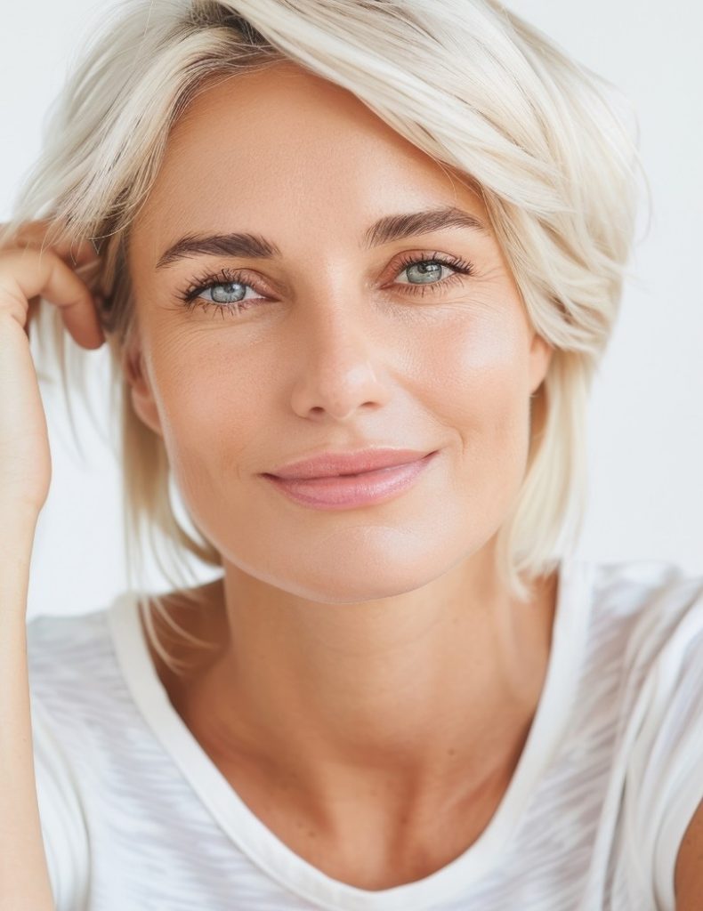 Woman with short platinum blonde hair smiling gently while resting her face on her hand.