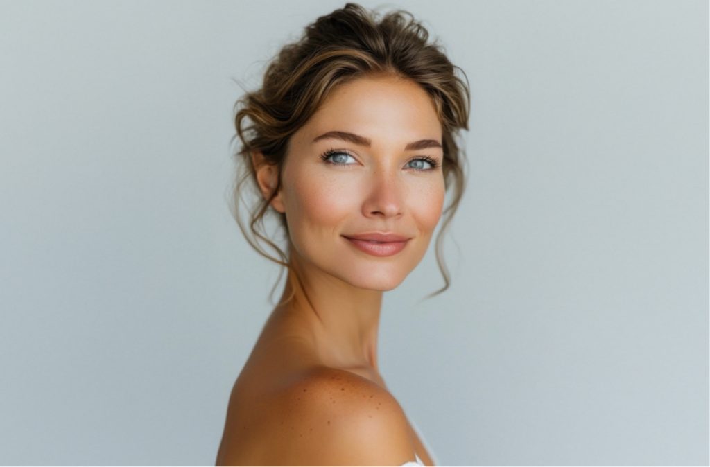 Woman with wavy updo and clear skin smiling softly while looking over her shoulder.