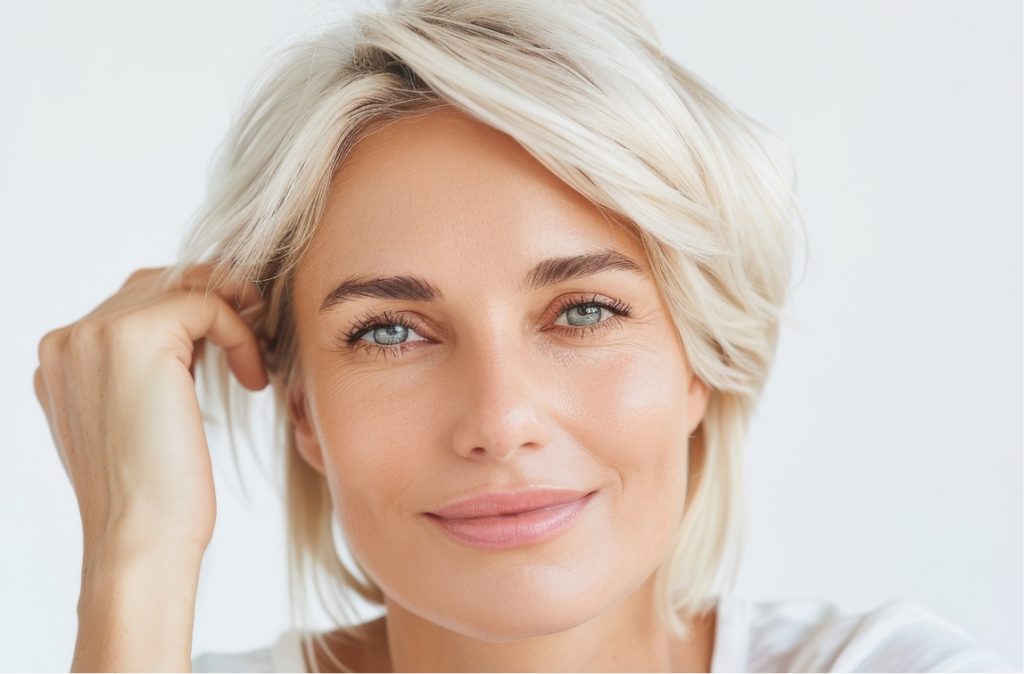 Woman with short platinum blonde hair smiling gently while resting her face on her hand.
